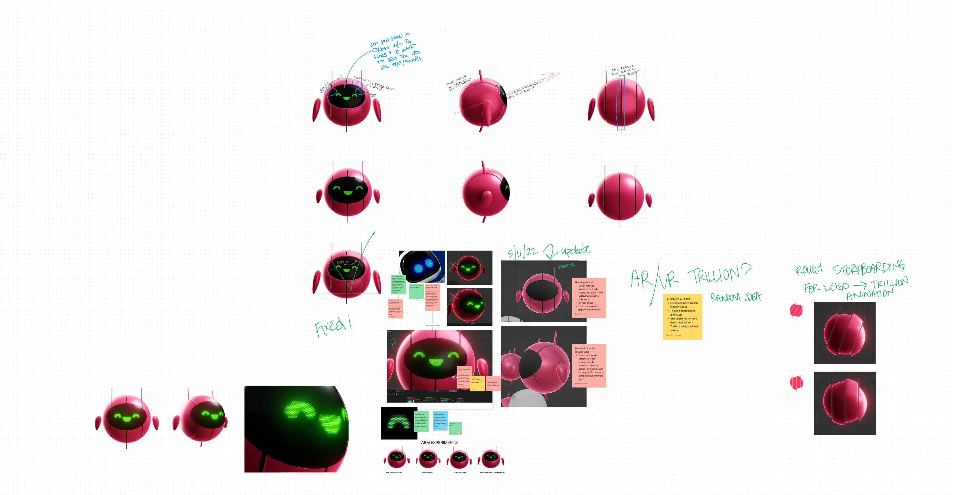 Image of brainstorming and critique FigJam for a cute, pink, smiling robot with two antennae named Trillion.