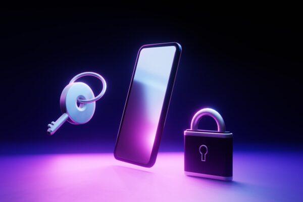 A 3D key, a phone, and a lock in neon lighting with a dark backdrop.