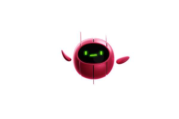 A cute, pink, spherical robot floating with its arms out looking puzzled.