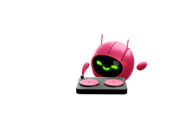 A cute, pink, spherical robot floating and using DJ equipment to play some sick beats.