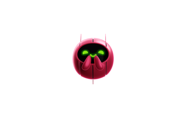 A cute, pink, spherical robot floating and staring at you with excitement, covering its face with its floating little arms.