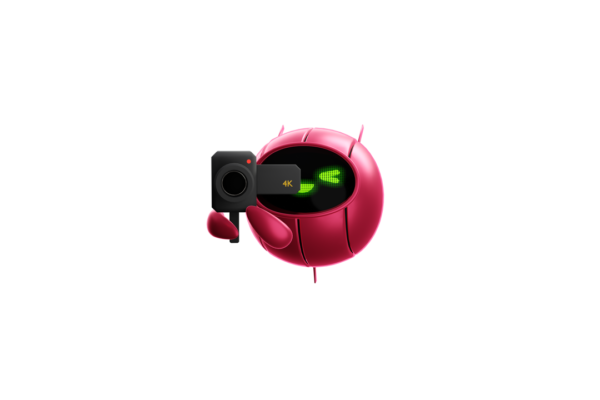A cute, pink, spherical robot floating with a camera in its hand, looking in your direction. In 4K.
