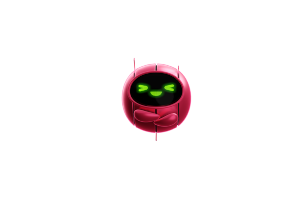 A cute, pink, spherical robot laughing at something gut-bustingly funny. It holds itself with its little floating arms and emotes a deeply humored expression .