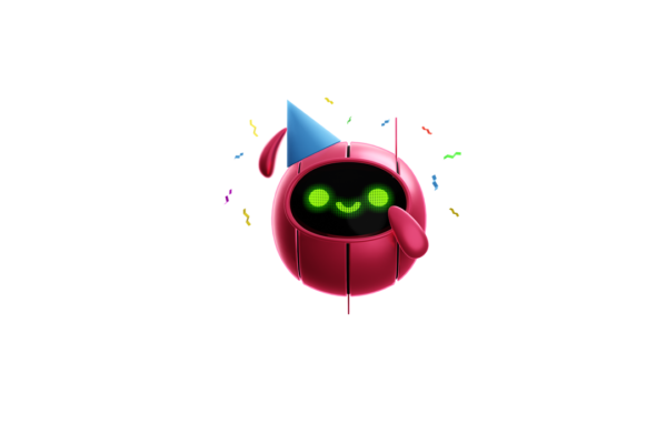 A cute spherical robot celebrating with a little party hat. It hangs off of his right antenna.