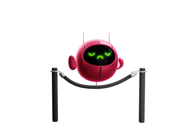 A cute spherical robot denying you admission past his special little rope boundary