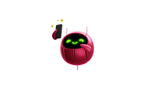A cute spherical pink robot looking at its phone with glee.