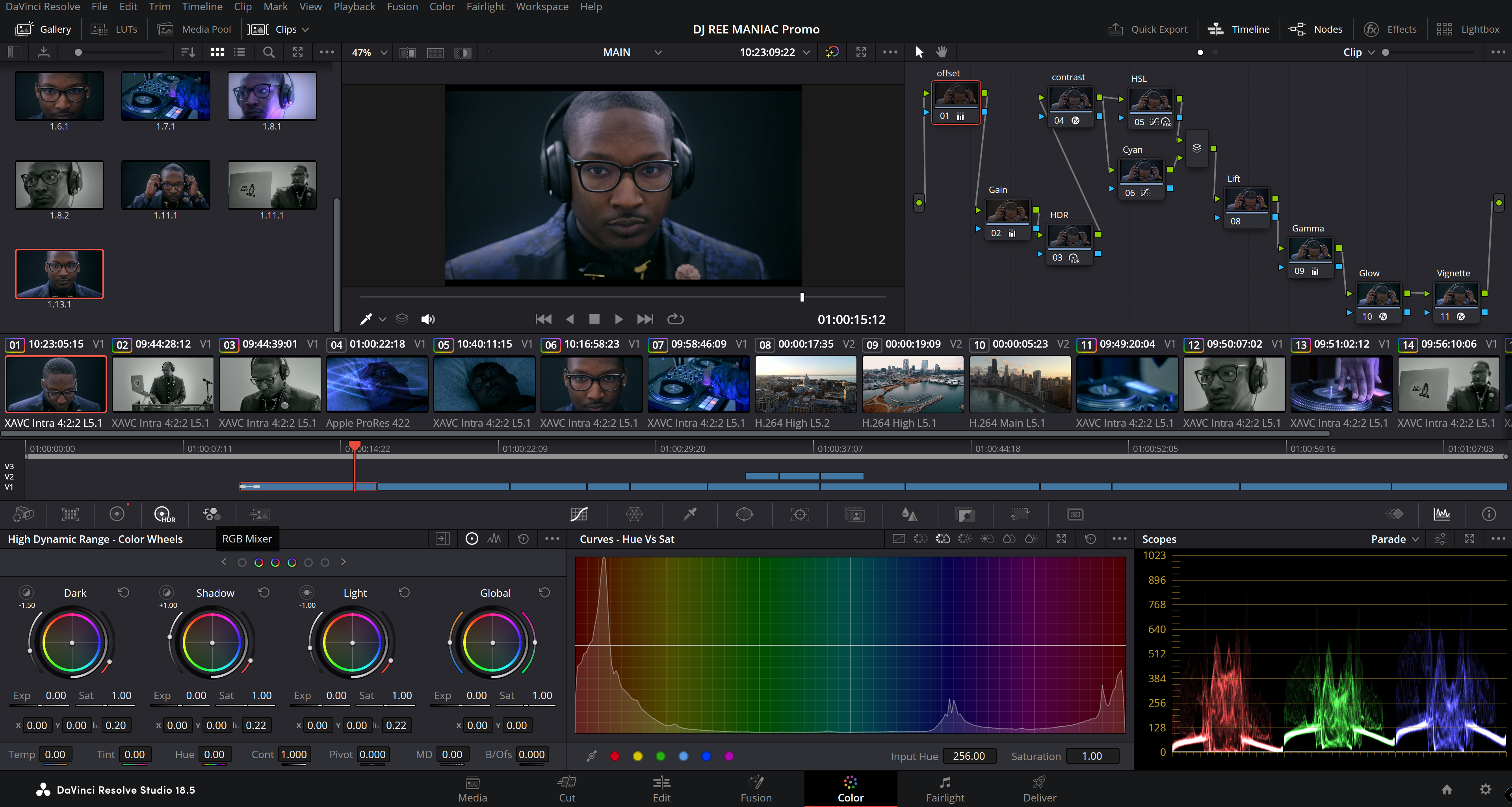 UI for a non-linear editor called DaVinci Resolve depicting the node-based color grading process for a small production.